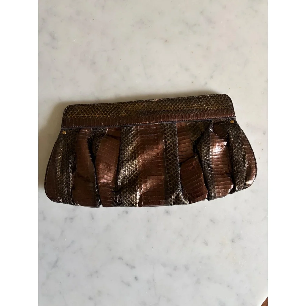 Beverly Feldman Vintage Bronze Snakeskin Pleated Clutch Bag Genuine Leather